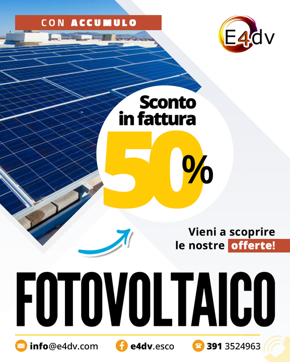 Godi di tutti i vantaggi di possedere un Impianto Fotovoltaico con sistema di accumulo acquistandolo con #SCONTO in #fattura del 50%‼️